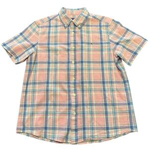 Vineyard Vines Whale Shirt Men's Large Cotton Linen S/S Pink Plaid Button Up